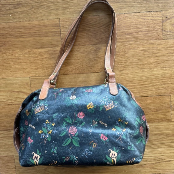 Vintage Brahmin Floral Leather Shoulder Bag Black Brown Double Strap Medallion - Picture 4 of 11